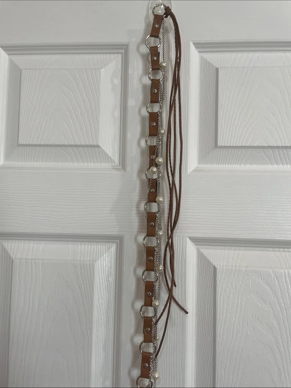 Brown Leather Link Waist Belt Pearl Chain women’s adjustable Bohemian One Size